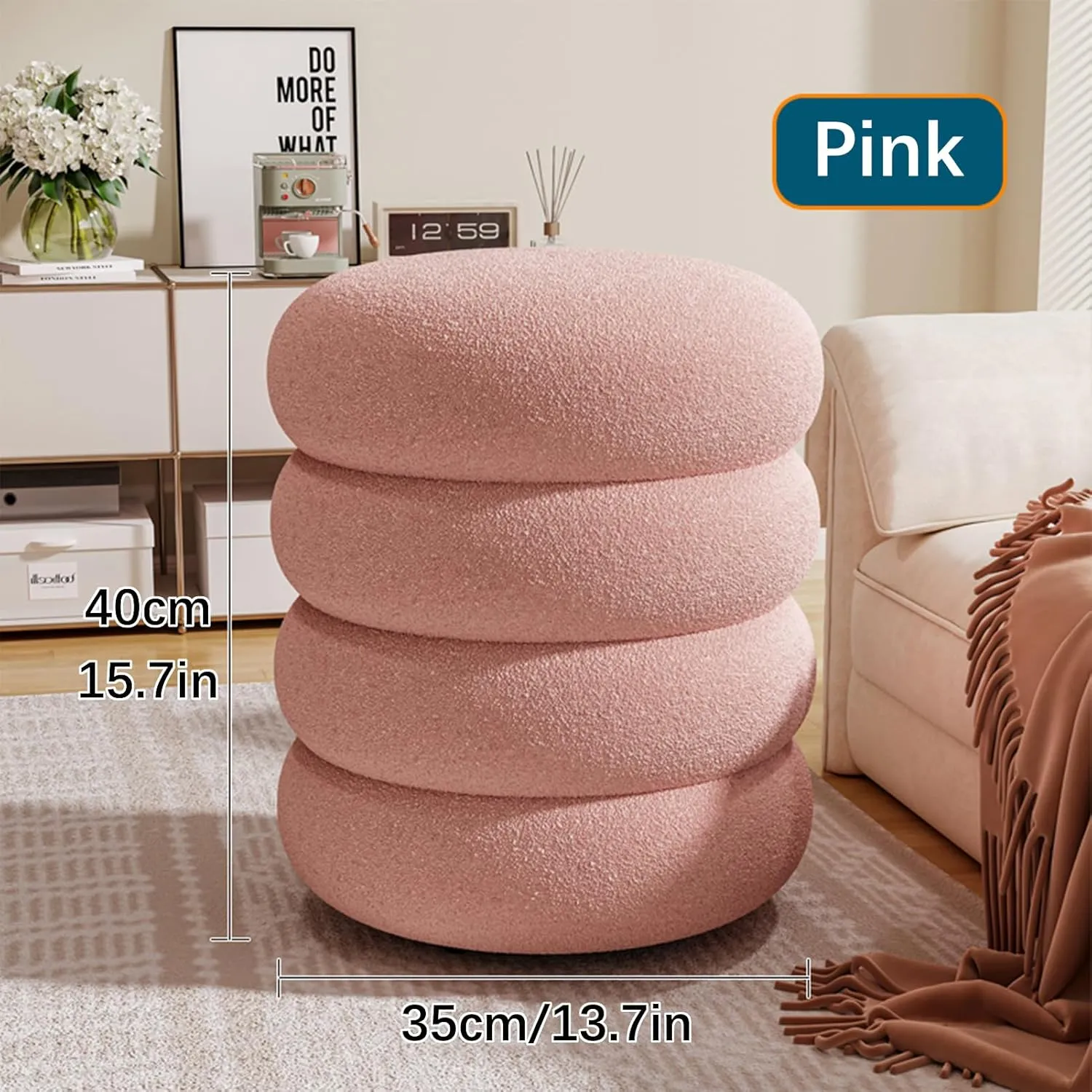 Modern Upholstered Wool Plush Round Pouf Foot Stool for Living Room or Makeup Room Pink Vanity Stool Chair 35x40cm