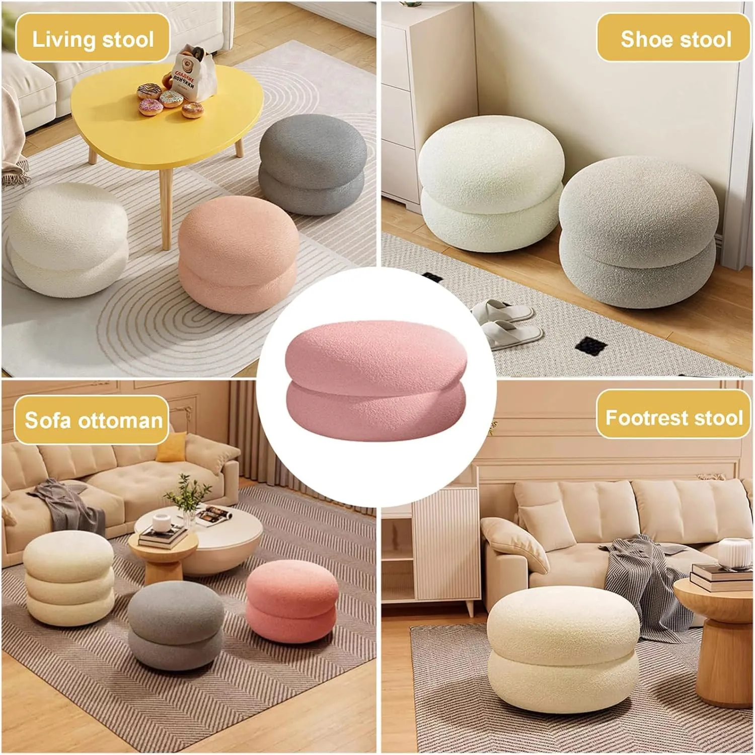 Modern Upholstered Wool Plush Round Pouf Foot Stool for Living Room or Makeup Room Pink Vanity Stool Chair 35x40cm