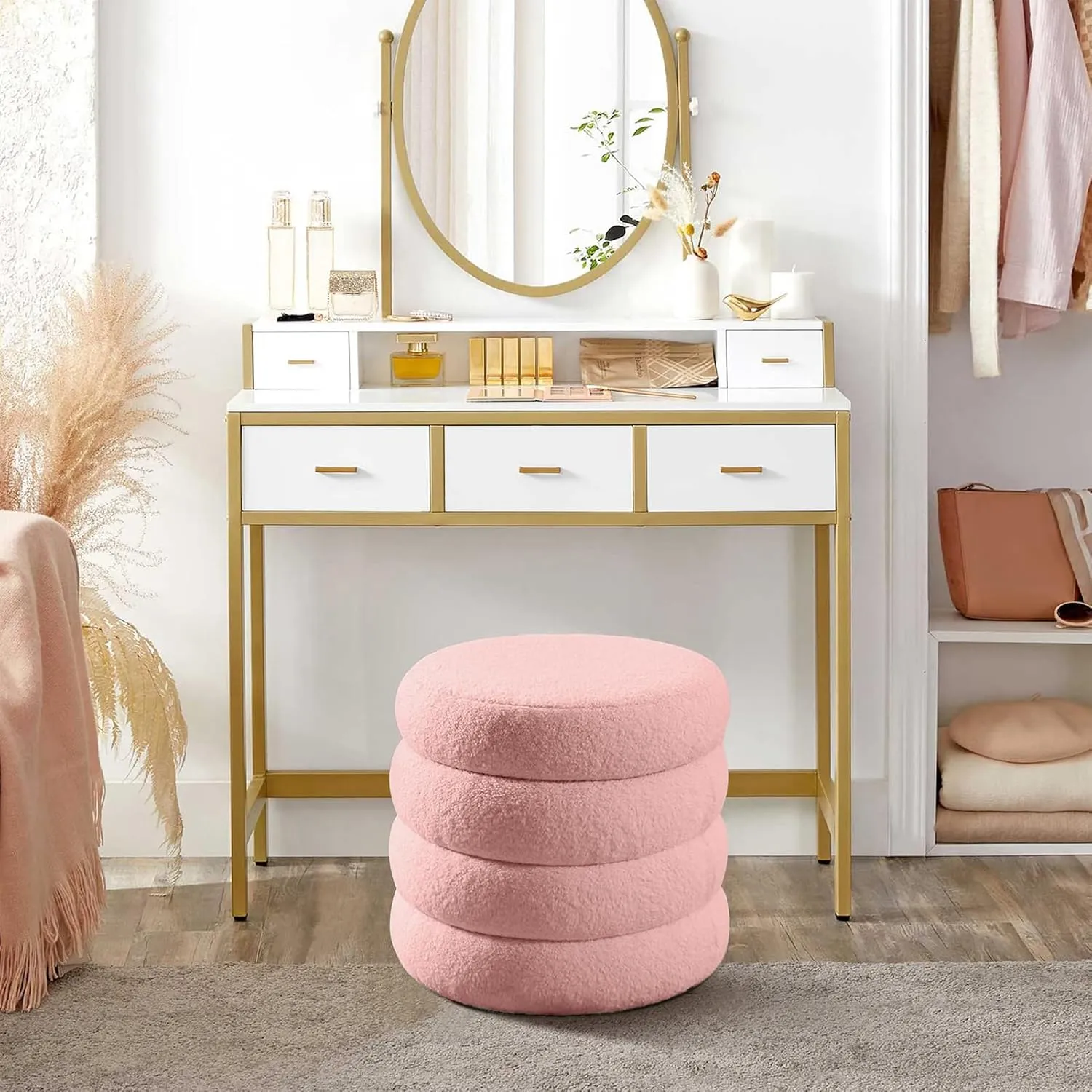 Modern Upholstered Wool Plush Round Pouf Foot Stool for Living Room or Makeup Room Pink Vanity Stool Chair 35x40cm