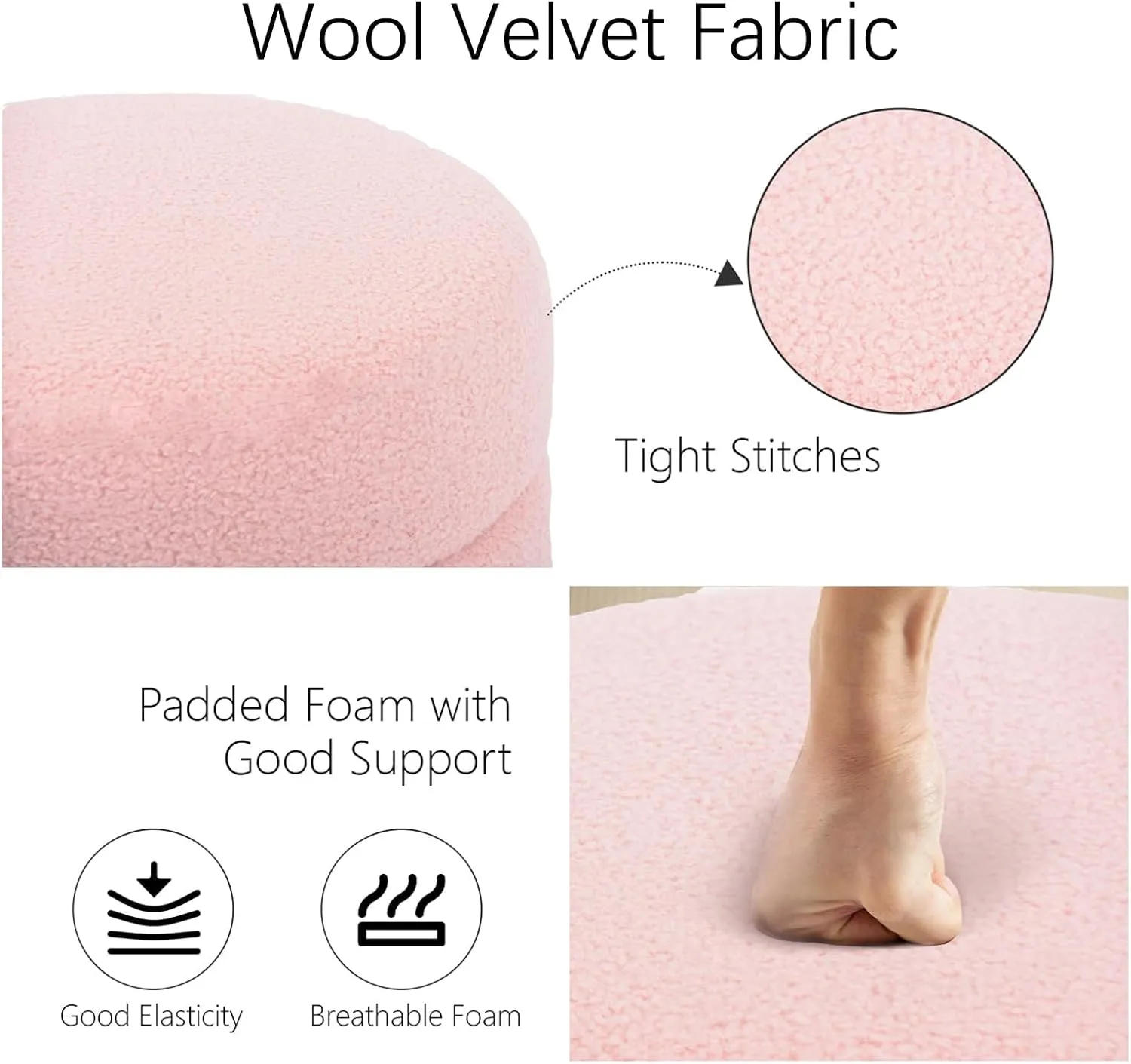Modern Upholstered Wool Plush Round Pouf Foot Stool for Living Room or Makeup Room Pink Vanity Stool Chair 35x40cm