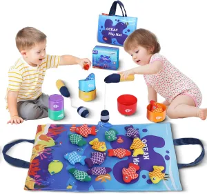 Montessori Toys for 1 Year Old, 27 Pcs Cloth Fish Toys 6-12 12-18 Months Boy Girl, Fishing Game Baby with Stacking Cups, Sensory Toy for Toddlers-Number Counting, Color Sorting, Shape Learning
