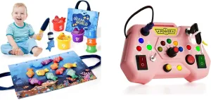 Montessori Toys for 1 Year Old,20PCS Baby's Sensory Toy First Fishing Toy Set with Toddler Busy Board with LED Light