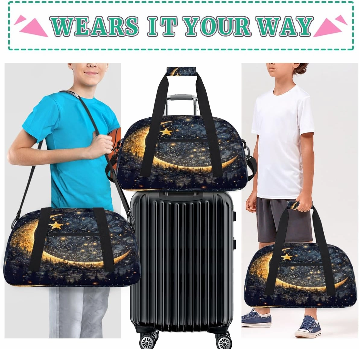 Moon Forest Kids Overnighter Duffel Bags for Boys, Carry-On Size Sports Gym Bag with Front Zipper Pocket for School Practice or Overnight Travel Weekender Sleepover Tote Bag