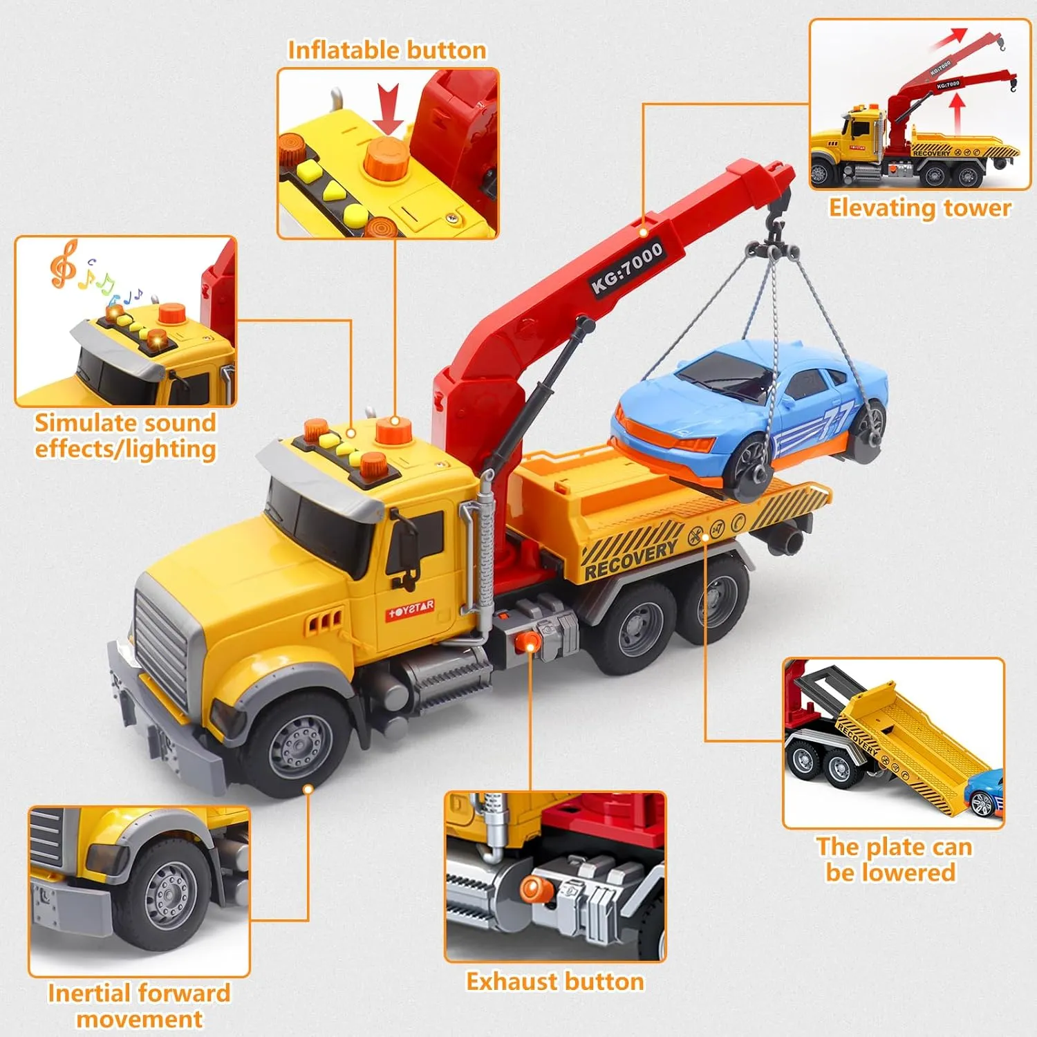 Mostop Big Rescue Tow Truck for Boys 3-7 Years Old, 15'' Friction Powered Transport Vehicle with Racing Car, Hook, Lights and Sounds