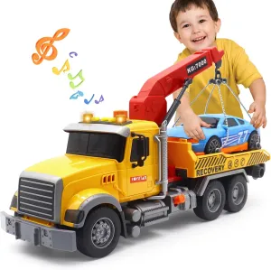 Mostop Big Rescue Tow Truck for Boys 3-7 Years Old, 15'' Friction Powered Transport Vehicle with Racing Car, Hook, Lights and Sounds