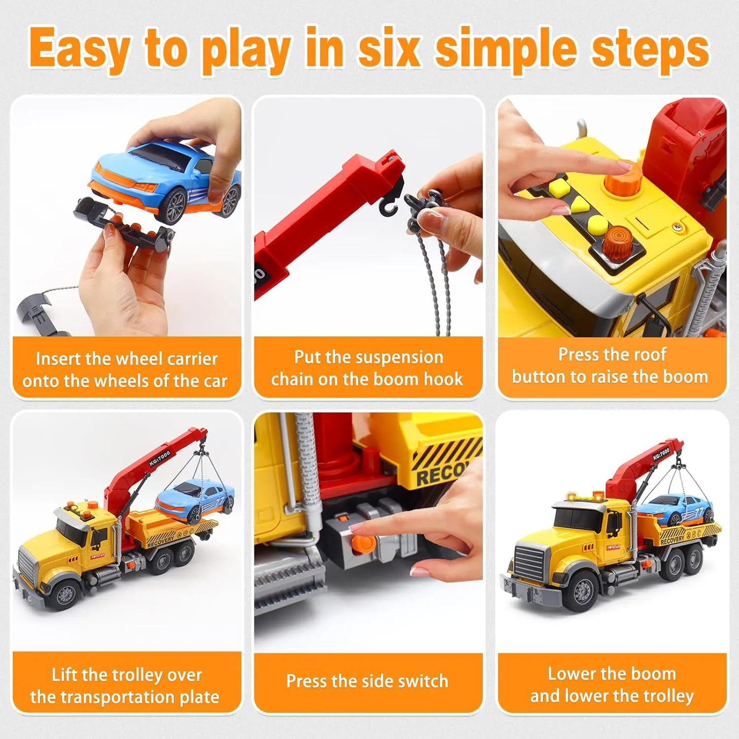 Mostop Big Rescue Tow Truck for Boys 3-7 Years Old, 15'' Friction Powered Transport Vehicle with Racing Car, Hook, Lights and Sounds