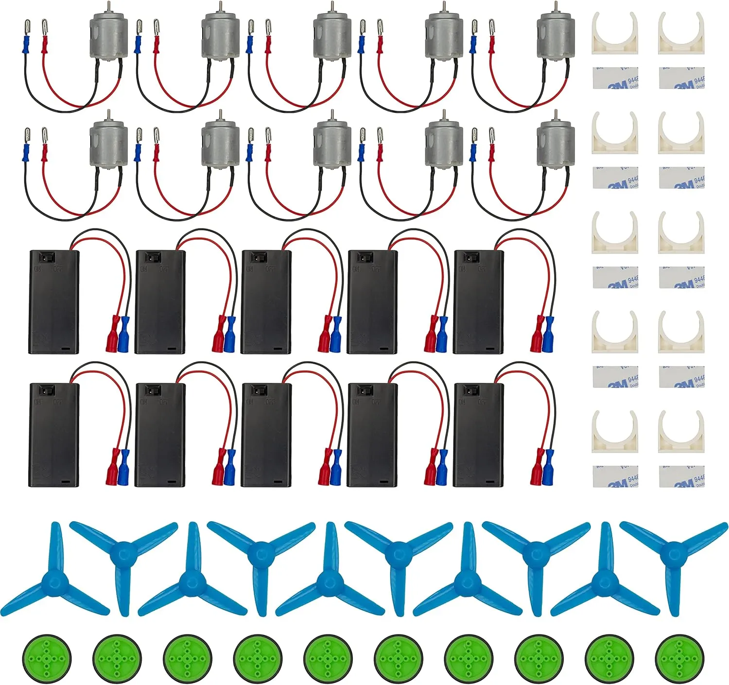 Motor Kit with Propellers, 2AA Battery Holders, Wheels, and More - 10 Sets of Parts - Unique Kid-Friendly Plug-and-Socket Wires - for DIY Electronics Projects and Toys in The Classroom and at Home