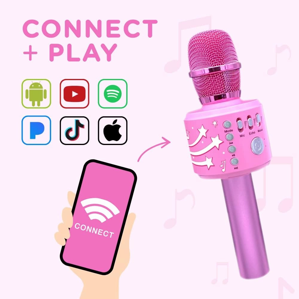 Move2Play, Kids Karaoke Microphone | Includes Bluetooth & Pre-Loaded Songs | Birthday Girls Present for All Ages, 2, 3, 4, 5  Year Old Girls, Boys & Toddlers (All Pink)