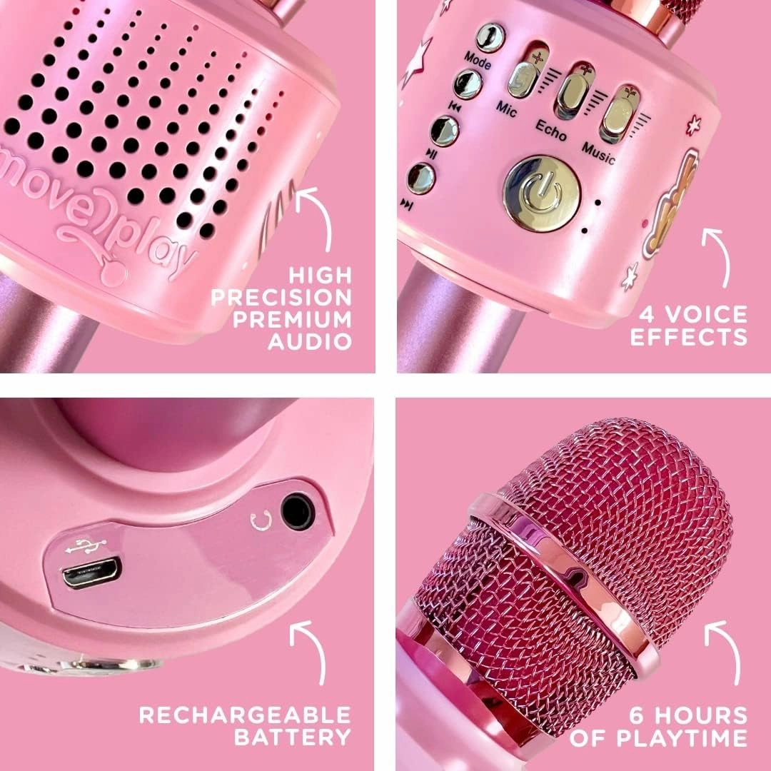Move2Play, Kids Karaoke Microphone | Includes Bluetooth & Pre-Loaded Songs | Birthday Girls Present for All Ages, 2, 3, 4, 5  Year Old Girls, Boys & Toddlers (All Pink)