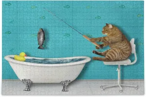 MOYYO 500 Piece Jigsaw Puzzle for Adults Kids, Funny Beige Cat Fisher Fishing The Bathtub Puzzle Wooden Jigsaw Puzzle Family Game Intellective Toys Wall Art Work for Educational Gift Home Decor