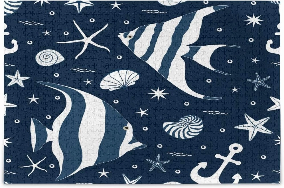 MOYYO Jigsaw Puzzle 1000 Piece for Adults Kids, Marine Fishes Anchor Starfish Puzzle Wooden Jigsaw Puzzle Family Game Intellective Toys Wall Art Work for Educational Gift Home Decor