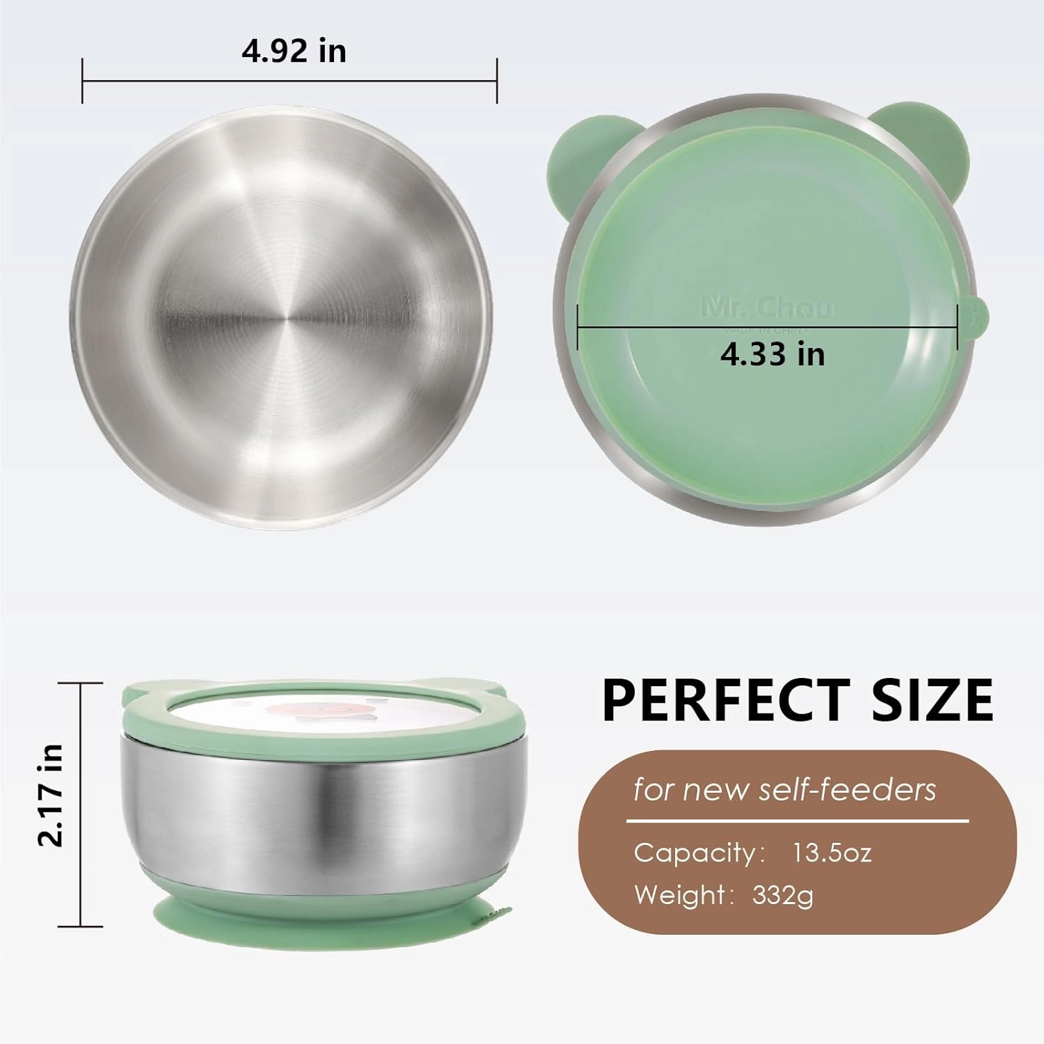 MR. CHOU Baby Bowls with Non-Slip Silicone Suction Cup, Insulated Double-Layer 304 Stainless Steel Toddler Bowls with BPA Free Airtight Lids, Food-Grade Silicone Safe for Kids (Green)