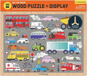 Mudpuppy’s On The Move 100 Piece Wood Puzzle, Includes 100 Wooden Jigsaw Pieces, Colorful Illustrations of Your Favorite Vehicles, Ages 5 , Display Stand Included, Turn Your Puzzle into Home Décor!