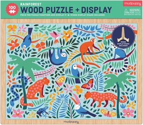 Mudpuppy’s Rainforest 100 Piece Wood Puzzle, Includes Colorful Illustrations of Your Favorite Rainforest Animals, Ages 5 , Display Stand Included, Turn Your Puzzle into Home Décor!