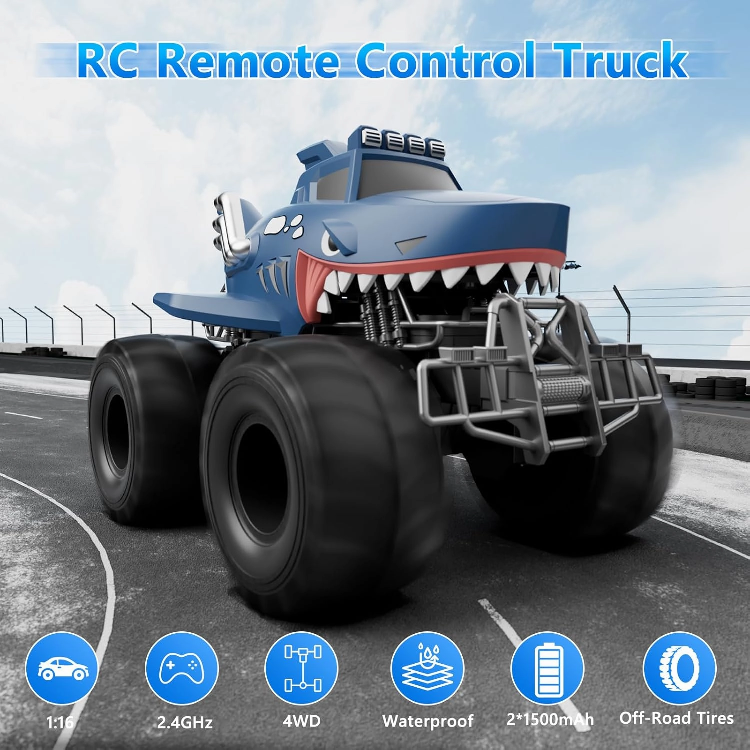 MUYOLO Remote Control Shark Truck, 1:16 Rc Monster Car with 2 Batteries 2.4GHz 4WD Off-Rock All Terrain Waterproof Amphibious Toys, for Christmas Birthday Gifts Presents Kids Boys Girls Ages 6 