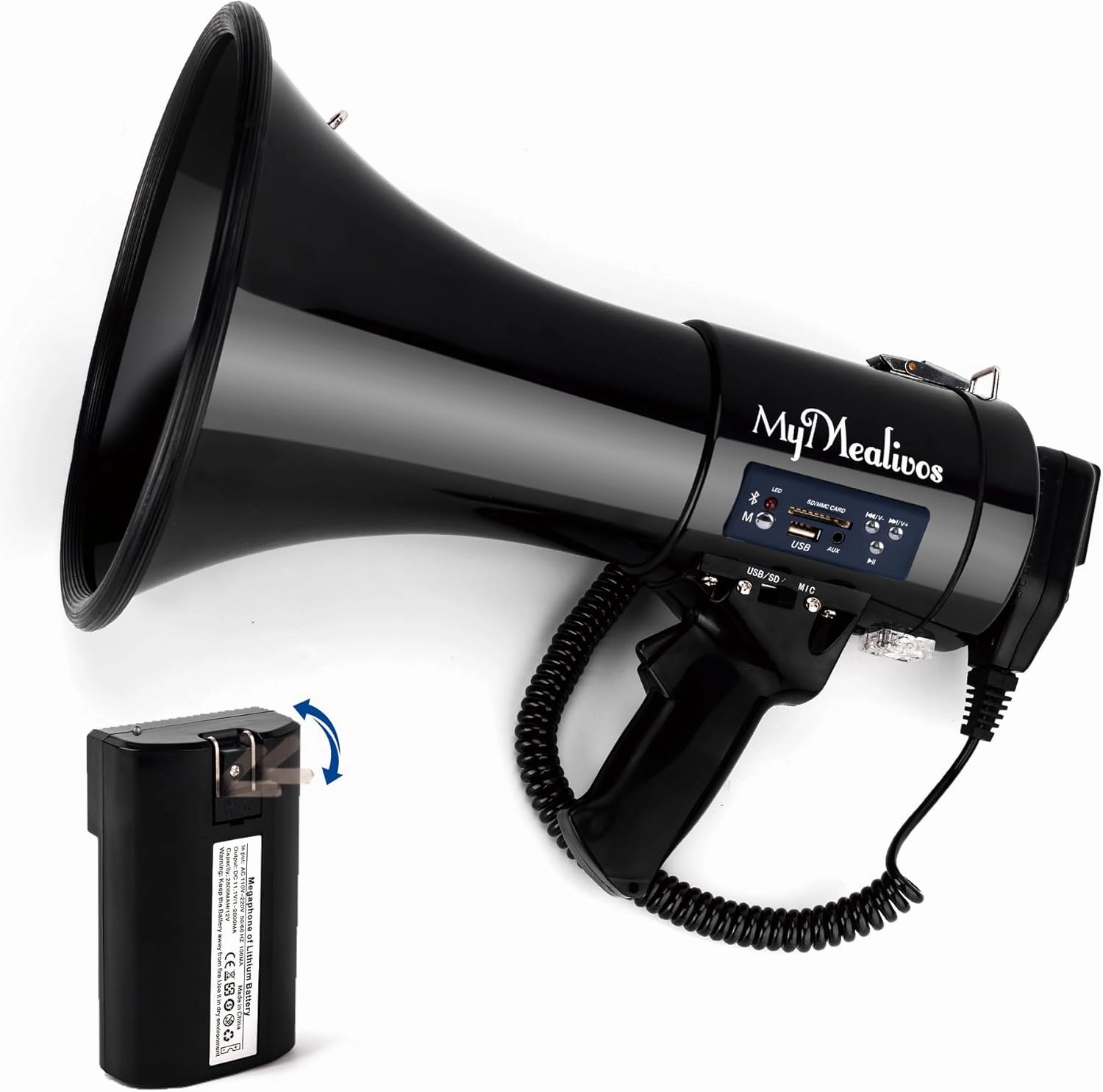 MyMealivos Bluetooth Megaphone with Siren Bullhorn 50 Watt Bullhorn Speaker with Detachable Microphone, Portable Lightweight Strap & 3.5mm Aux Input