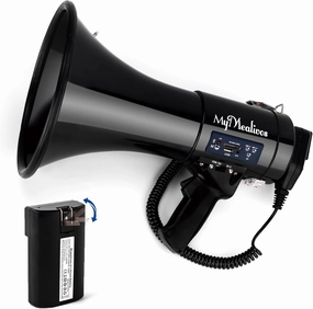 MyMealivos Bluetooth Megaphone with Siren Bullhorn 50 Watt Bullhorn Speaker with Detachable Microphone, Portable Lightweight Strap & 3.5mm Aux Input