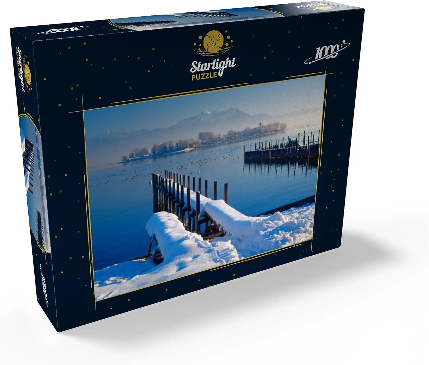 MyPuzzle Boat Jetty in Gstadt at Chiemsee with View to Fraueninsel Against Hochgern - Premium 1000 Piece Jigsaw Puzzle for Adults