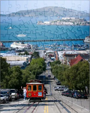 MyPuzzle Cable Car with Fisherman's Wharf and Alcatraz Island, San Francisco, California - Premium 100 Piece Jigsaw Puzzle for Adults