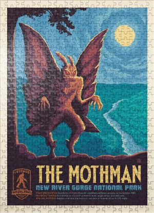 MyPuzzle Legends of The National Parks: New River Gorge's Mothman, Vintage Poster - Premium 500 Piece Jigsaw Puzzle for Adults