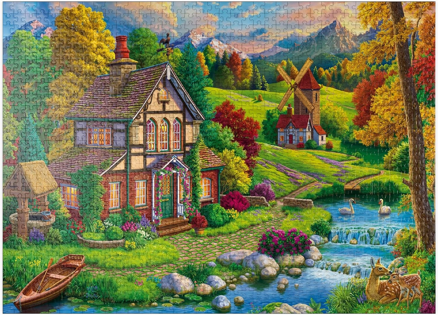 MyPuzzle Beautiful Cozy House by The River - Premium 1000 Piece Jigsaw Puzzle for Adults