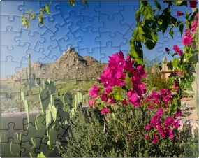 MyPuzzle Bougainvillea with Pinnacle Peak, Scottsdale, Arizona, USA - Premium 100 Piece Jigsaw Puzzle for Adults