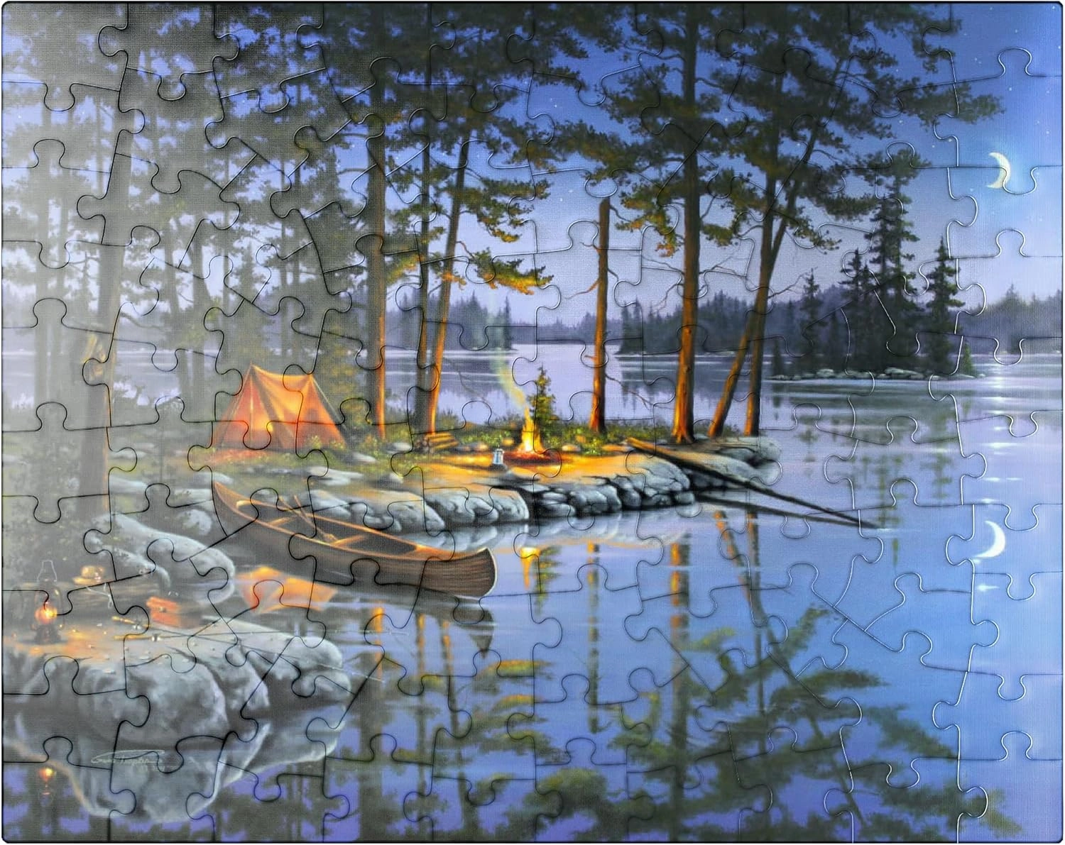 MyPuzzle Lakeside Campfire Under Moonlit Sky - Premium 100 Piece Jigsaw Puzzle for Adults