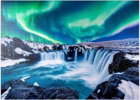 MyPuzzle Northern Lights Over Godafoss Waterfall in Iceland - Premium 1000 Piece Jigsaw Puzzle for Adults