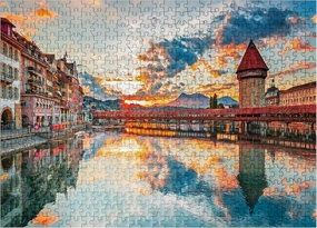 MyPuzzle Sunset in The Historical City Center of Lucerne with The Famous Chapel Bridge and Lake Lucerne, Canton Lucerne, Switzerland - Premium 500 Piece Jigsaw Puzzle for Adults