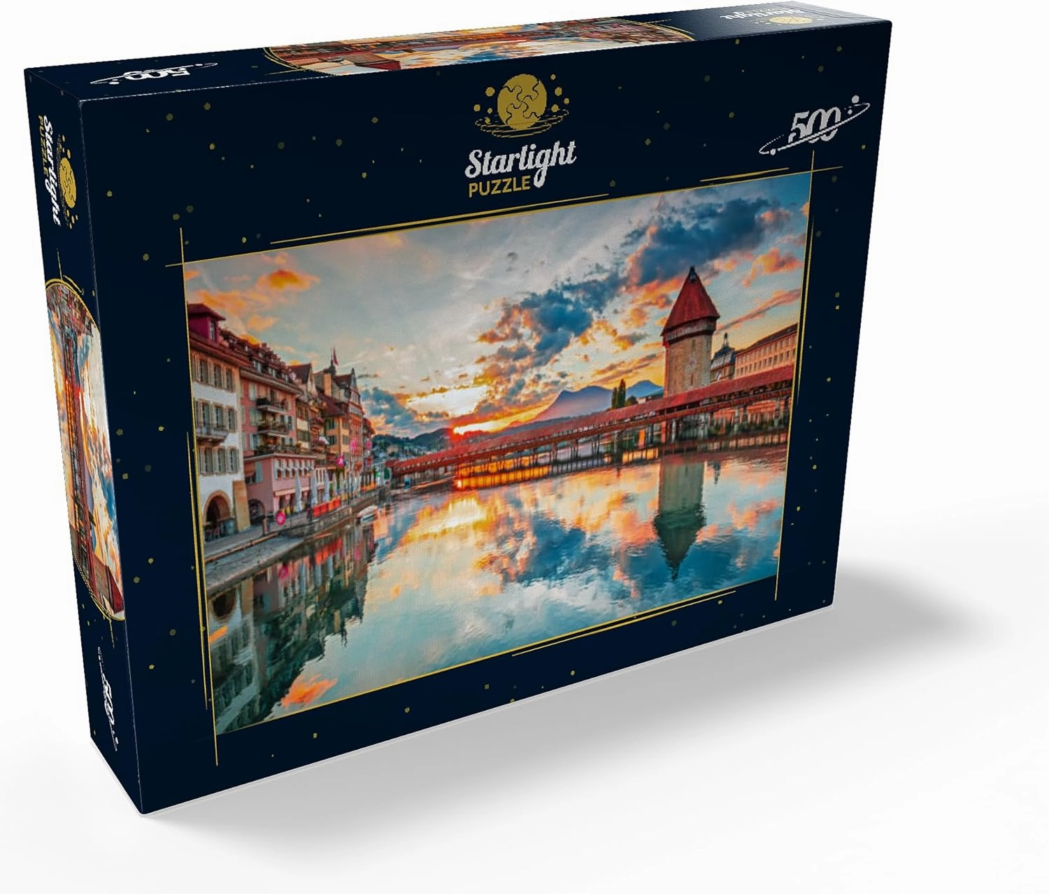 MyPuzzle Sunset in The Historical City Center of Lucerne with The Famous Chapel Bridge and Lake Lucerne, Canton Lucerne, Switzerland - Premium 500 Piece Jigsaw Puzzle for Adults