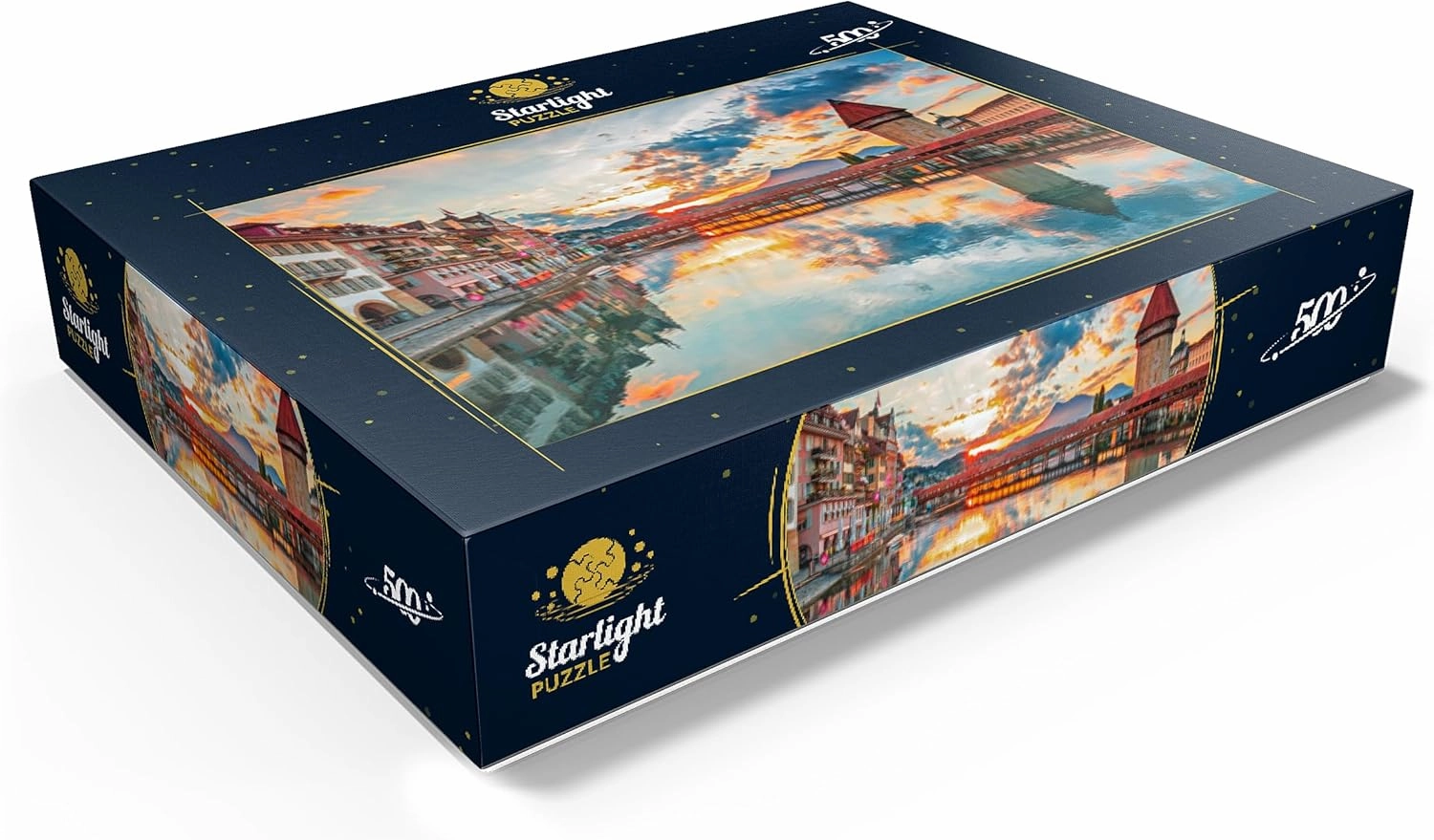MyPuzzle Sunset in The Historical City Center of Lucerne with The Famous Chapel Bridge and Lake Lucerne, Canton Lucerne, Switzerland - Premium 500 Piece Jigsaw Puzzle for Adults