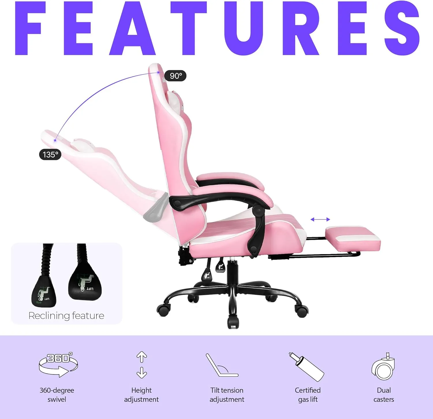 N-GEN GAMING Video Gaming Chair with Footrest Lumbar Support for Home Office High Back Recliner Height Adjustable Ergonomic Comfy Leather Computer Desk Chair (Pink)