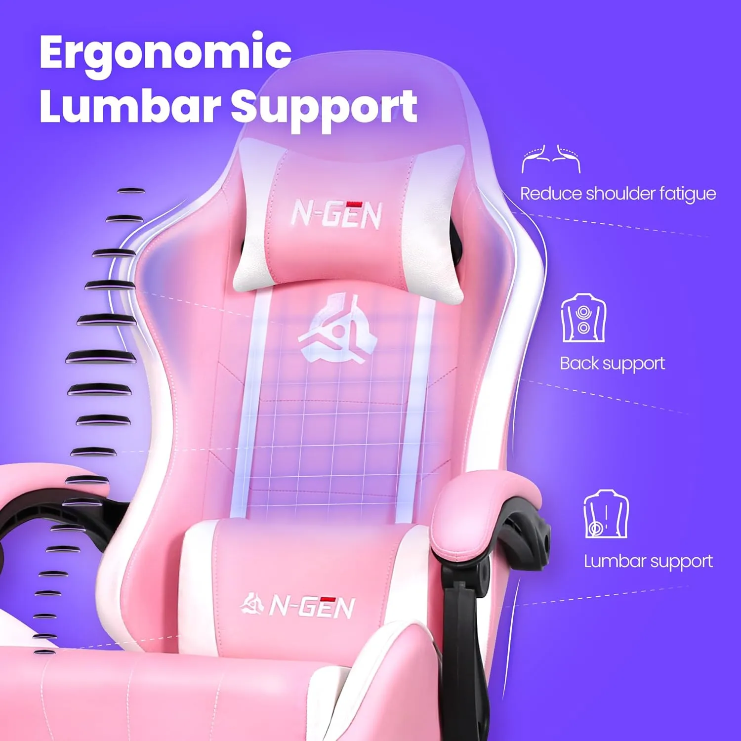 N-GEN GAMING Video Gaming Chair with Footrest Lumbar Support for Home Office High Back Recliner Height Adjustable Ergonomic Comfy Leather Computer Desk Chair (Pink)
