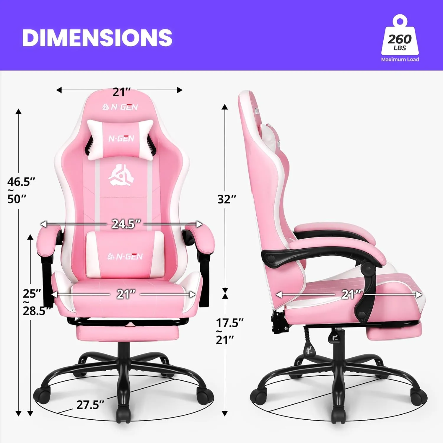 N-GEN GAMING Video Gaming Chair with Footrest Lumbar Support for Home Office High Back Recliner Height Adjustable Ergonomic Comfy Leather Computer Desk Chair (Pink)