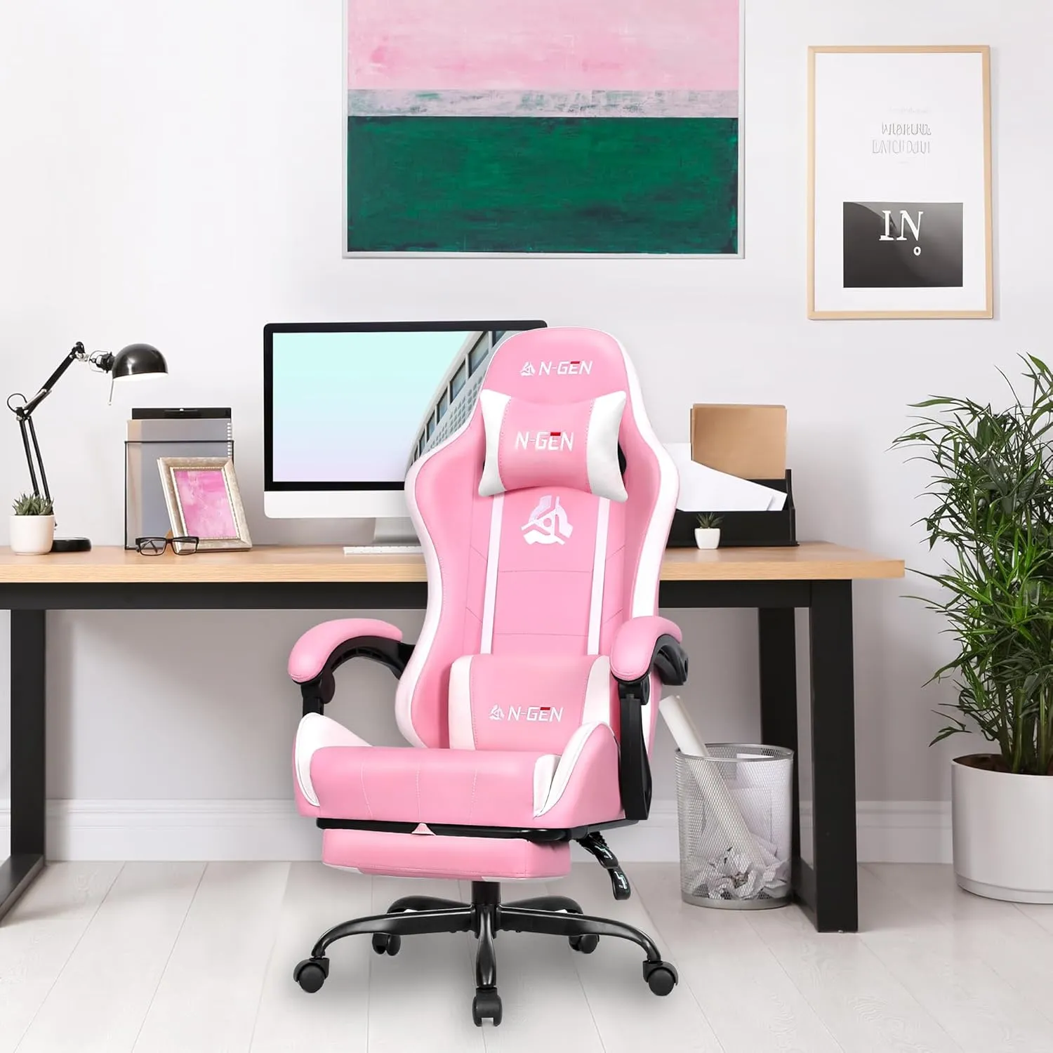 N-GEN GAMING Video Gaming Chair with Footrest Lumbar Support for Home Office High Back Recliner Height Adjustable Ergonomic Comfy Leather Computer Desk Chair (Pink)