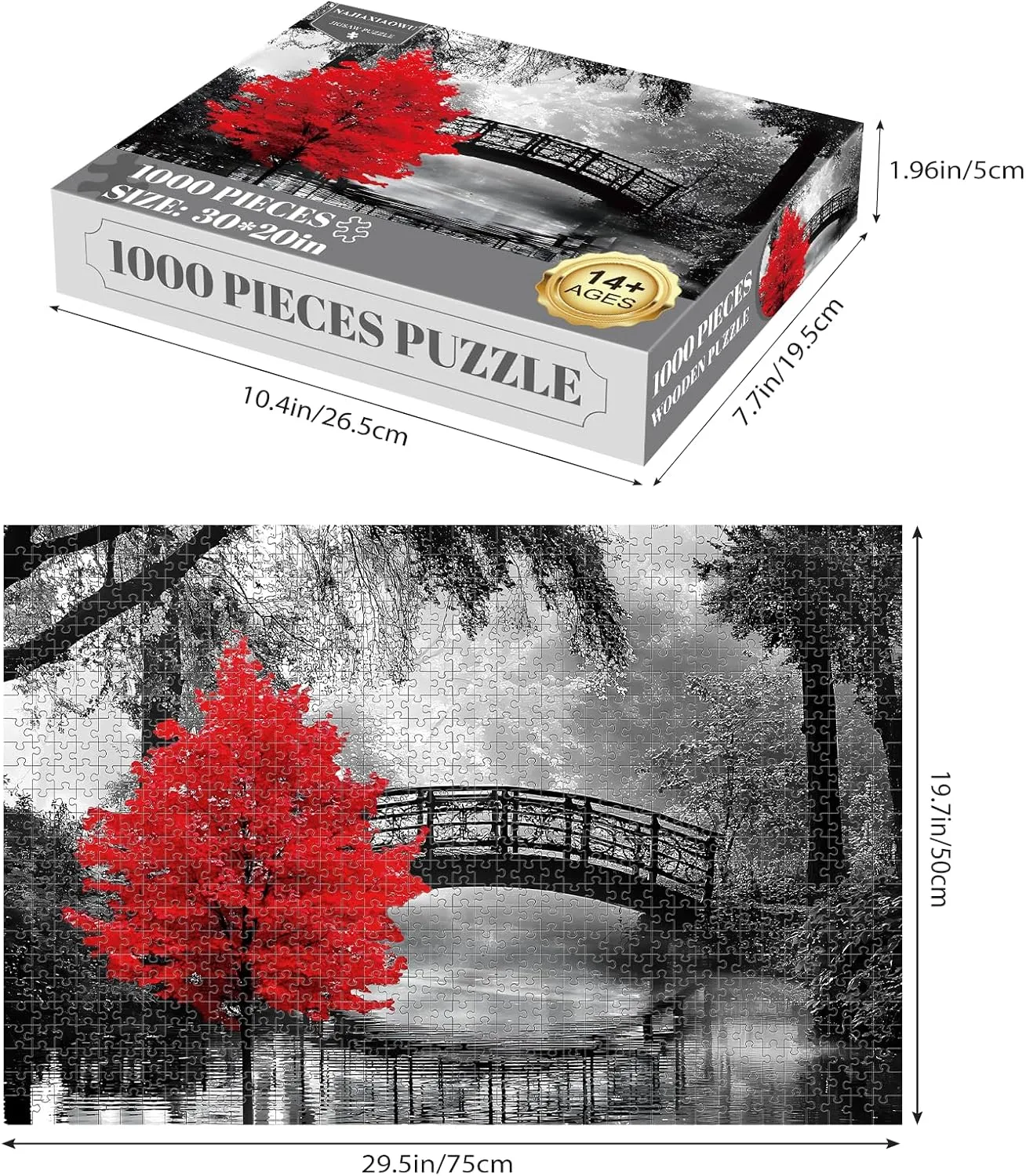 najiaxiaowu Adult Puzzle Classic Jigsaw Puzzle 1000 Pieces Wooden Puzzle DIY Black and White Bridge and Red Tree Modern Home Decor Intellectual Game Wall Art Unique Gift 75x50cm