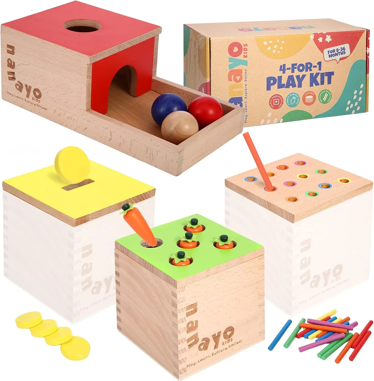 nanayo 4-for-1 Play Kit Includes Object Permanence Box, Montessori Coin Carrot Harvest Game, Matchstick Color Drop Game – Toys for Babies 6-12 Months, 1 Year, 2 Year and 3
