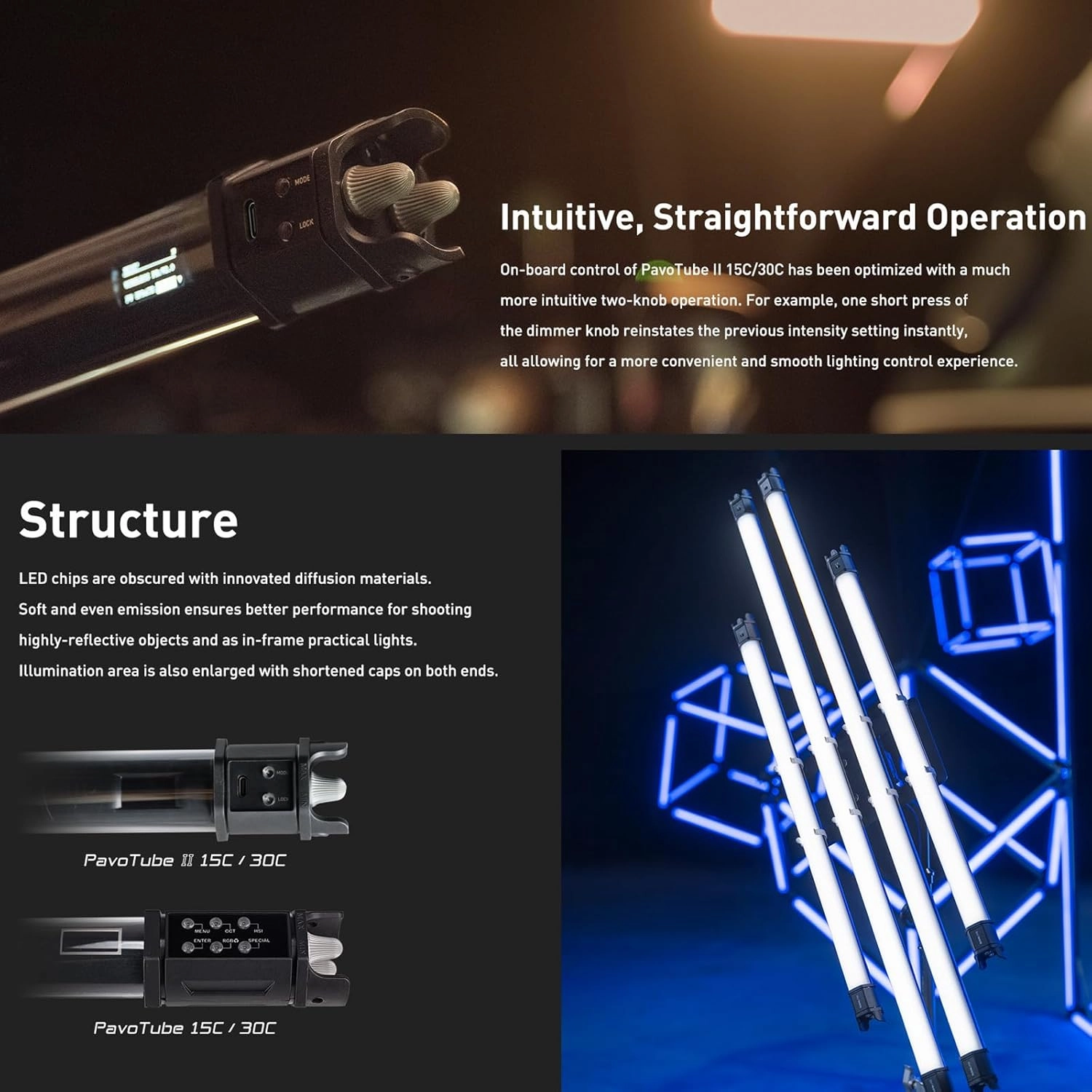 NANLITE PavoTube II RGBWW LED Light Tube, Color RGBWW LED Pixel Tube Photography Handheld LED Video Lighting Wand with AC Chargers, Mounts, and Case Battery Powered (PavoTube II 30C 2Kit)