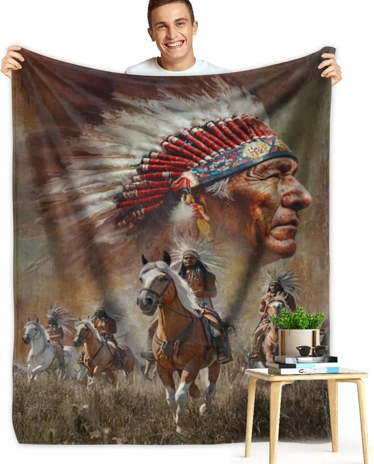 Native American Blanket American Indian Flannel Blanket Southwest Indian Throw Blanket Super Soft Cozy Plush Native American Cacique Blankets for Kids Adults Couch Bed Travel Camping Gift 40"x60"