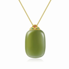 Natural Hetian Jade Cube Sugar Pendant Necklace for Women, Golden Buckle Head Green Jade Handmade Necklace for Her Gift (925 Sterling Silver with Real Gold Plated)