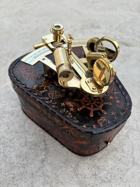 Nautical Brass Sextant ~ Leather Case ~Marine Functional Astrolabe Navigational Device~Authentic Brass Armillary Gift for Father for Mens