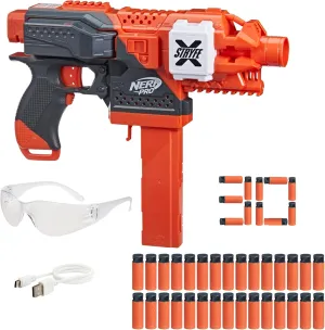 NERF Pro Stryfe X Dart Semi-Auto Blaster, Rechargeable LiPo Battery, 30 AccuStrike Half-Length Darts, 15-Dart Magazine, 150 FPS, Eyewear, 14  (Amazon Exclusive)