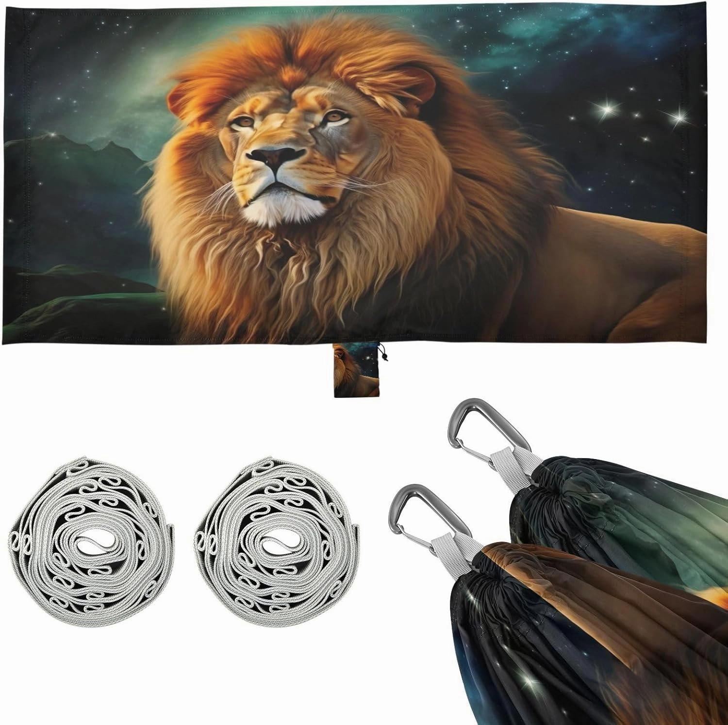 Night Sky Lion Camping Hammock, 330 lbs with 2 Tree Straps, Carry Bag, Single Portable Hammock for Outdoor/Indoor, Hiking, Beach, Backpacking, Travel