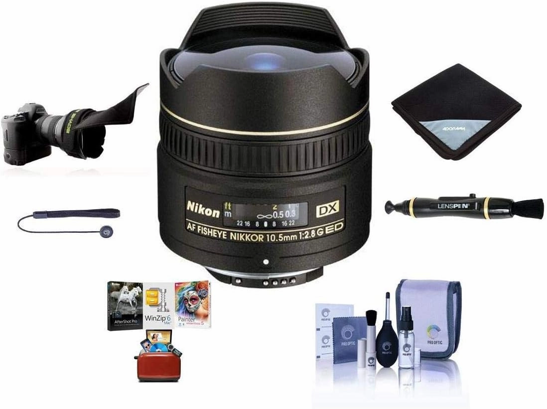 Nikon 10.5mm f/2.8G ED-IF AF DX Fish-Eye NIKKOR Lens F/DSLR - Bundle with Flex Lens Shade, Lens Cleaning Kit, Lens Wrap (15x15), Cap Leash, LensPen Lens Cleaner, Mac Software Package
