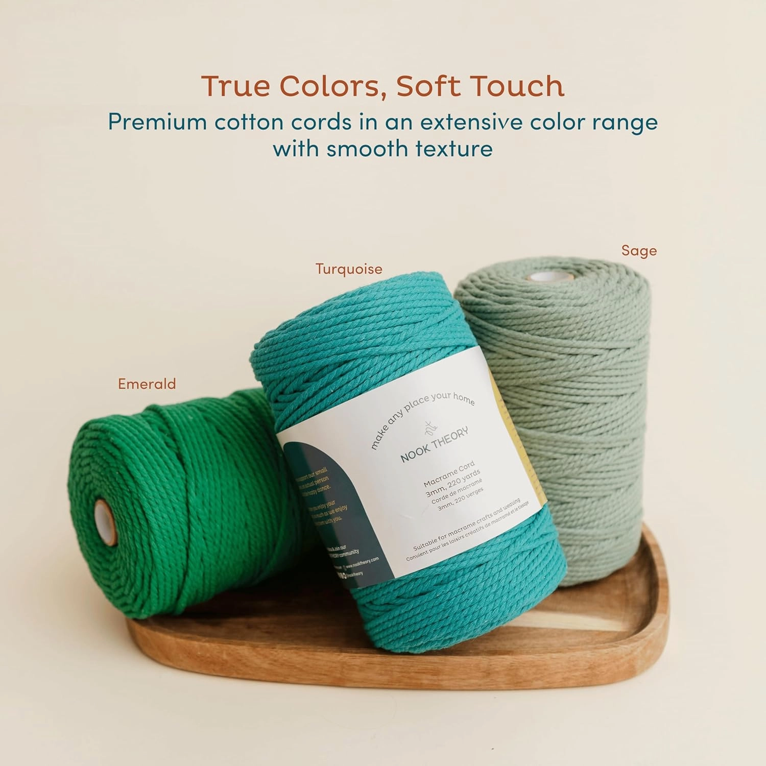 Nook Theory Macrame Cord - 3mm 220 Yards Cotton Rope, 4mm 5mm Yarn, String for Crafts, Perfect for Macrame Wall Hanging and Boho Decorations (Emerald)