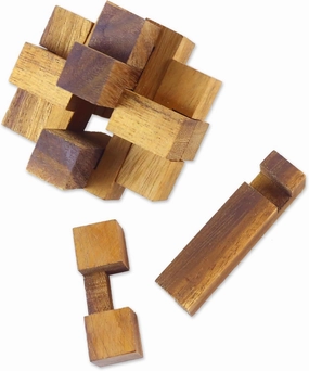 NOVICA Brown Handmade Raintree Wood Geometric Puzzle Game, 'Diamond Cube'