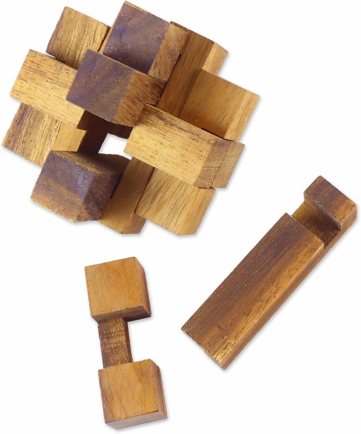 NOVICA Brown Handmade Raintree Wood Geometric Puzzle Game, 'Diamond Cube'