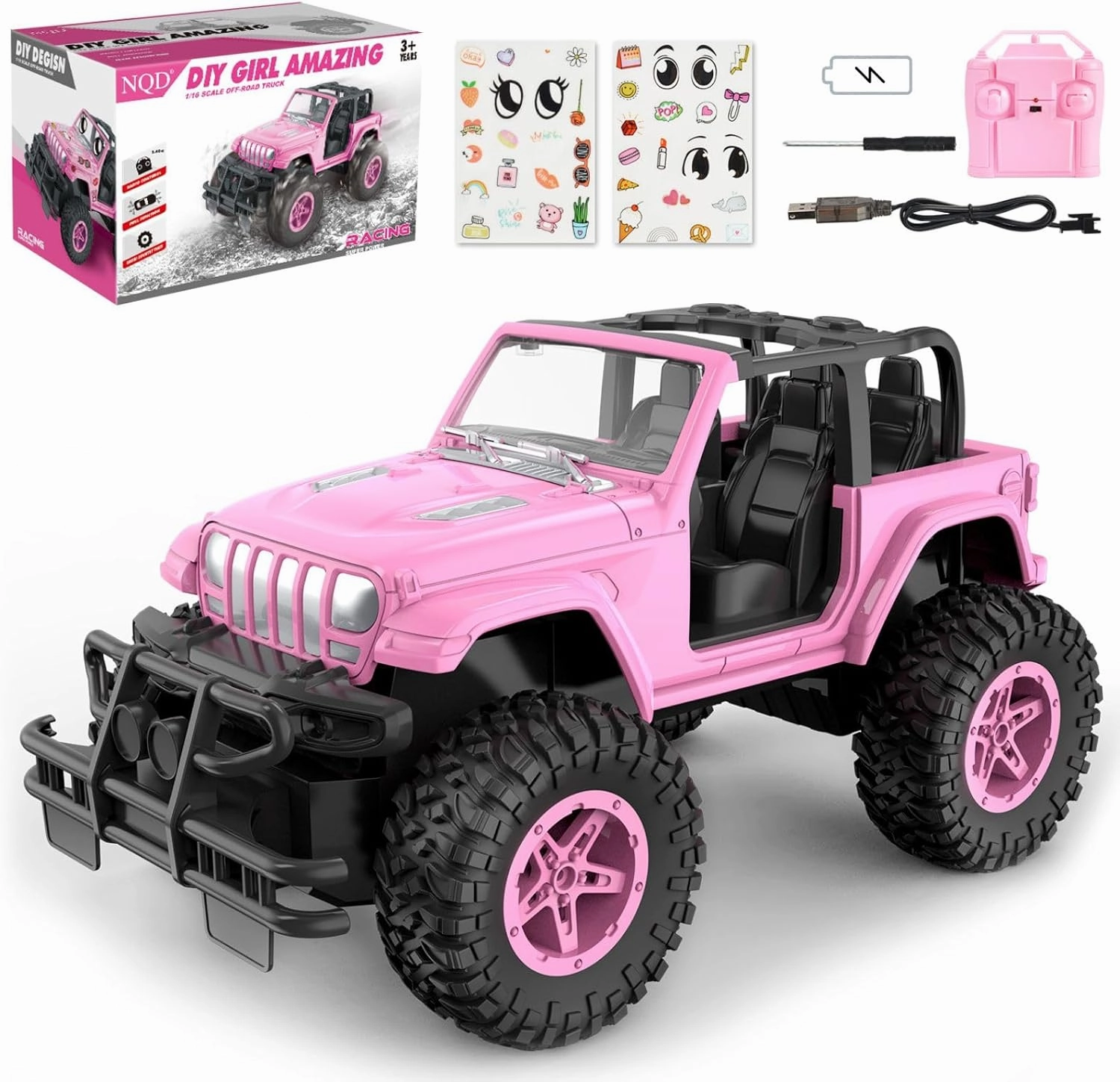 NQD Remote Control Car, Rechargeable RC Racing Cars with Stickers 1:16 Scale, 80 Min Play, 2.4Ghz Off Road Trucks All Terrain Toys Gifts for 3-Year-Old Girls