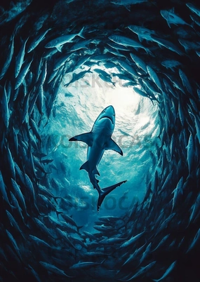Oil Painting Style Aerial View of a Shark Swimming in The Middle of a School of Fish Formation The Product uses Wooden puzzles-1000PCS for Adults and Children to Brainstorm, Game Nights, Home Decor