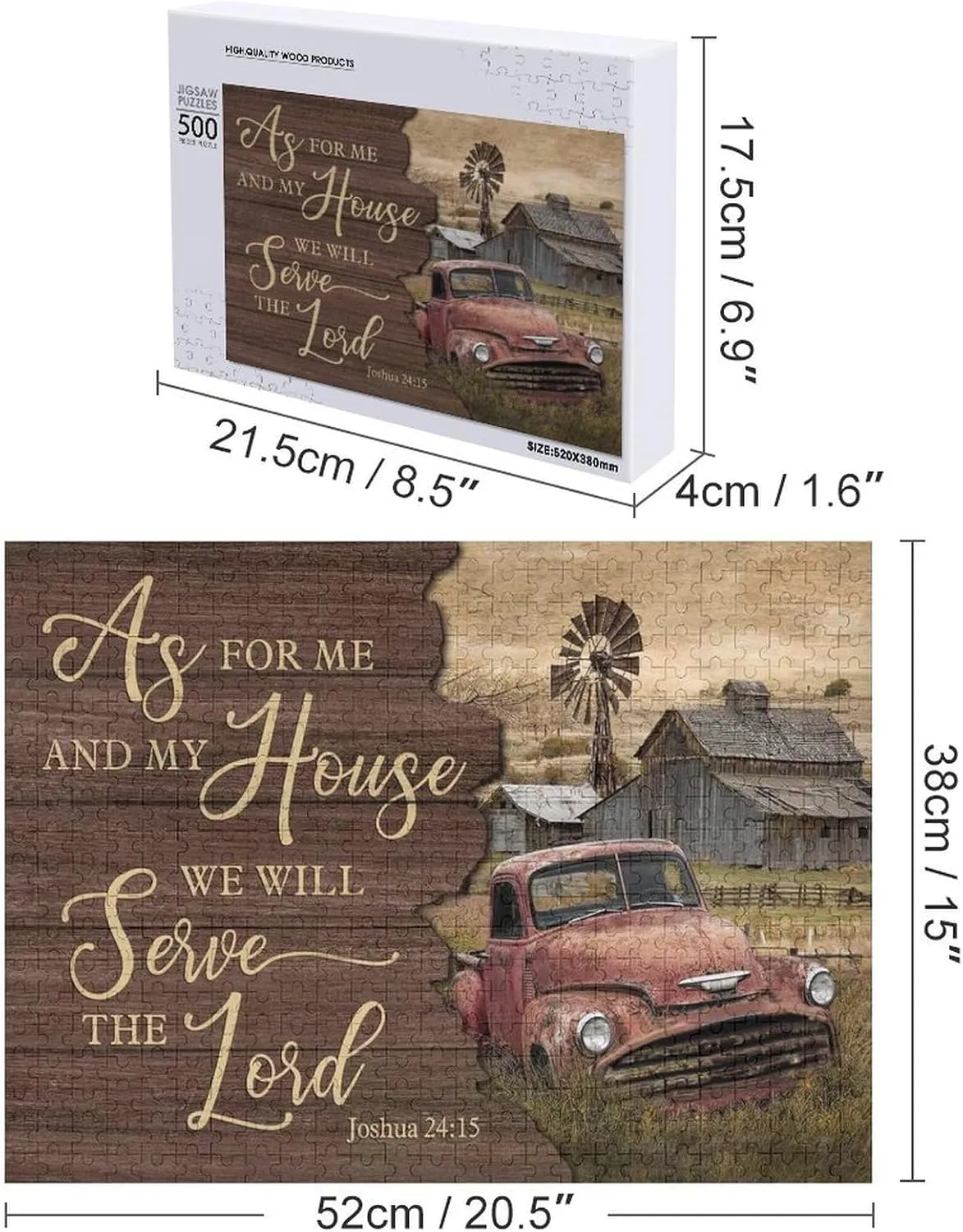 Old Car 500 Piece Jigsaw Puzzle for Adults and Families - Tranquil Farm, As for Me and My House We Will Serve The Lord Funny Educational Puzzles Toys for Boys and Girls